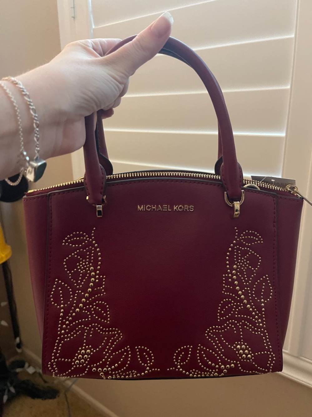 MICHAEL KORS Burgundy Leather Stud-Trim Satchel